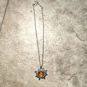 Sunburst Silver Necklace with Amber Pendant